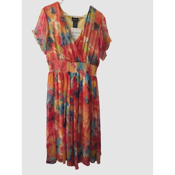 Astro Size 1X  Midi Elastic Waist Women's Multi Color Tie Die Dress - Picture 2 of 5